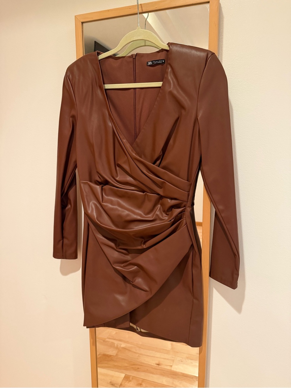 ZARA Brown Faux Leather Draped Ruched Wrap Mini Dress Size M - Picture 5 of 6